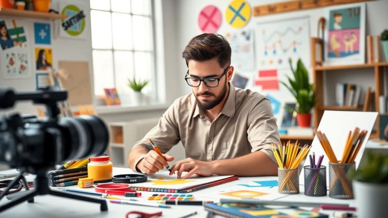 Visueller Designer arbeitet an Markenauftritt und Illustration.